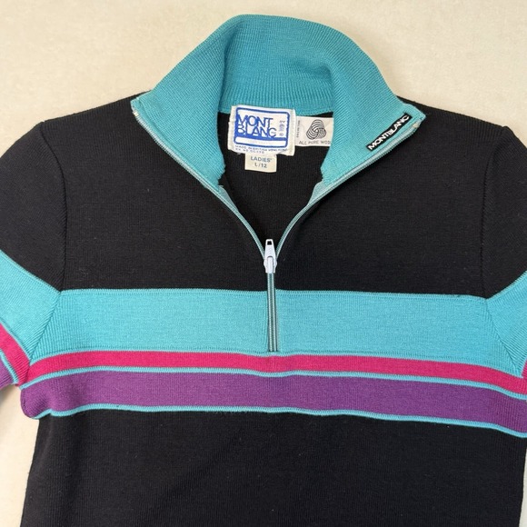 Vintage Quarter Zip Sweate Women's L Black Teal Purple Retro 80s - Picture 1 of 7